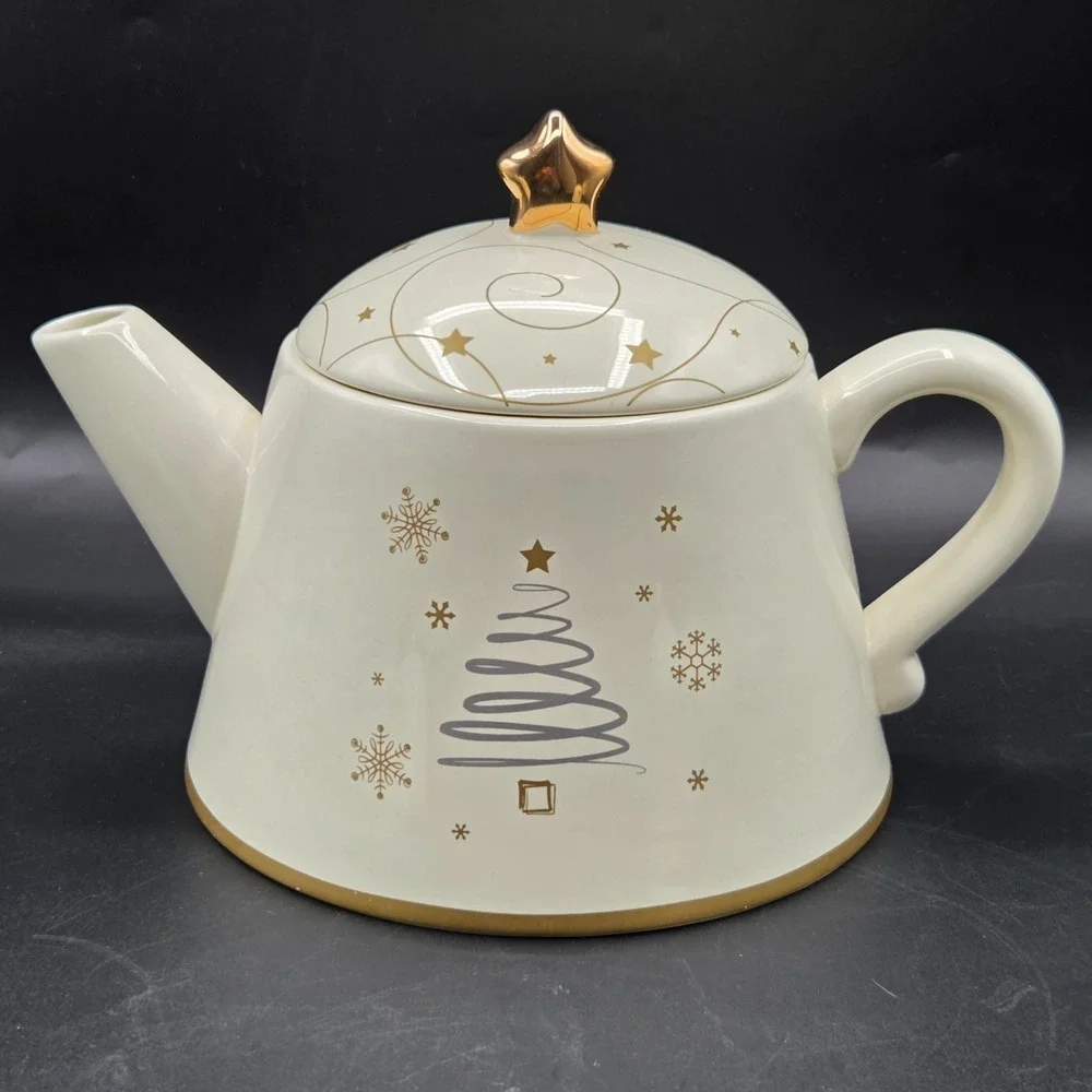 Russ SNOWLIT SETTING teapot & sugar and‎ creamer  CHRISTMAS TREE GOLD STAR